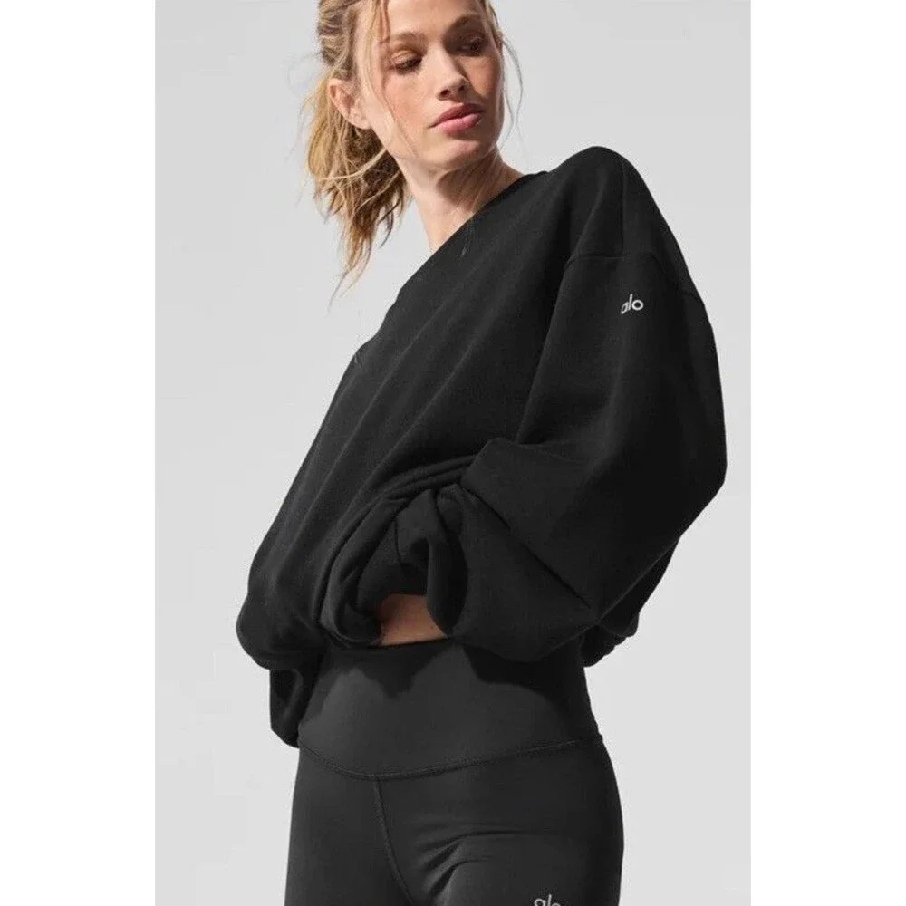Alo Yoga Chill Crew Neck Pullover Sweatshirt Women’s Medium Black Oversized NOTE
